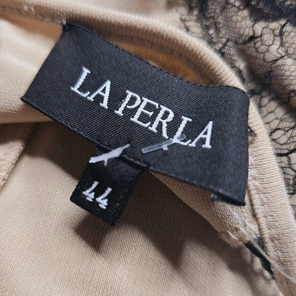 La Perla Slip Style Blush Beige Cream Black Lace Sleeve Wrap Waist Dress New 44 - Picture 6 of 11